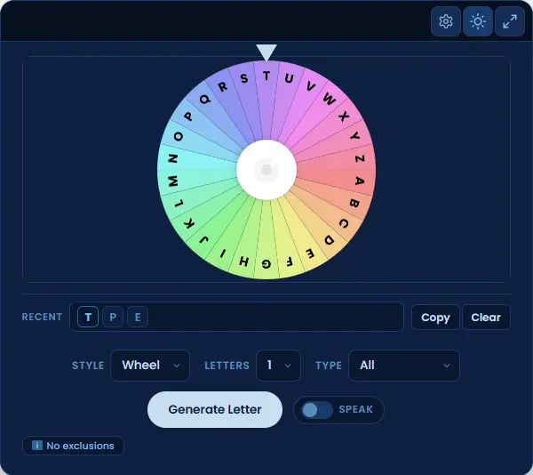 Random Letter Generator in night mode showing the color wheel with recent letters