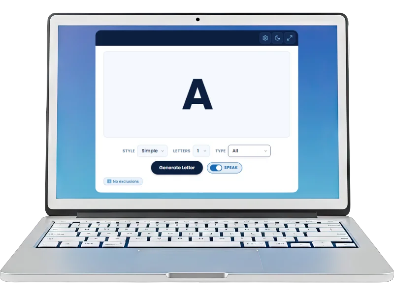 Random Letter Generator opening screen on laptop with all the options