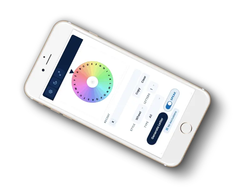 Random Letter Generator display on mobile showing all the options
