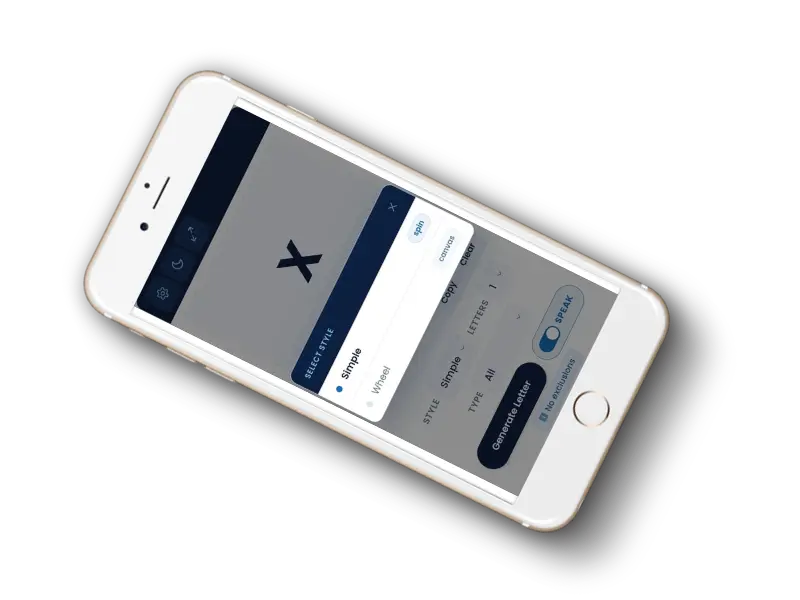 Random Letter Generator Style selection panel on mobile showing Simple and Wheel options