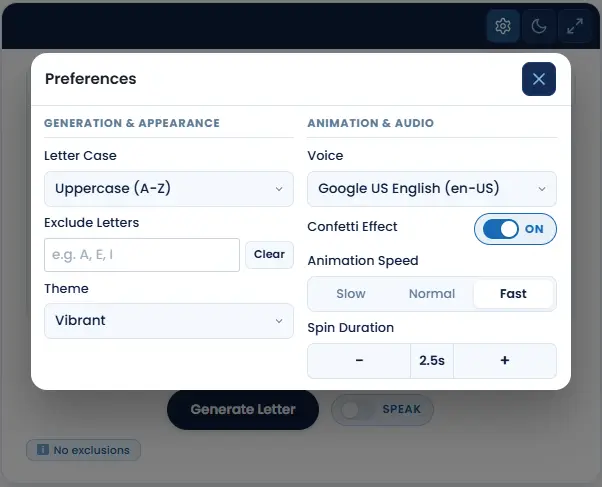Random Letter Generator preferences modal showing letter case, exclude letters, theme, voice and animation settings